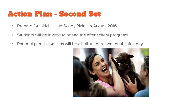 Action Plan - Second Set • Prepare for initial visit to Sandy Plains in