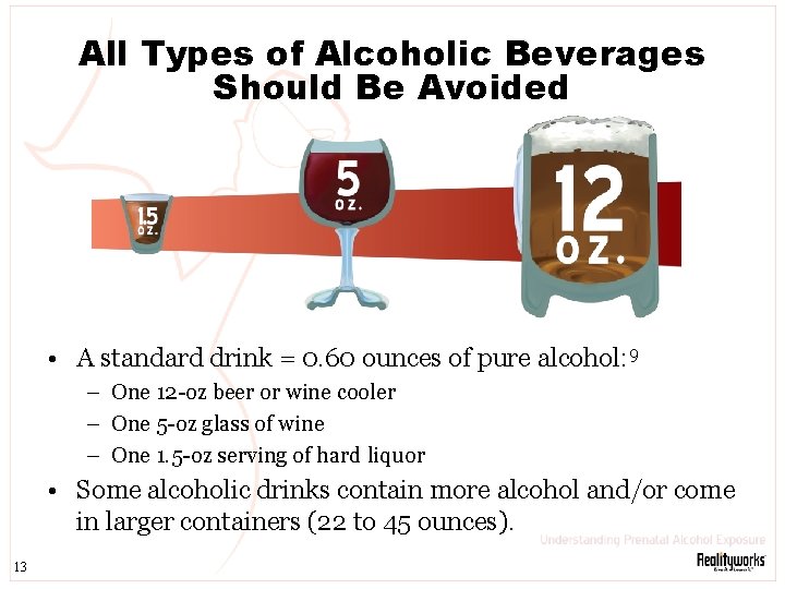 All Types of Alcoholic Beverages Should Be Avoided • A standard drink = 0.