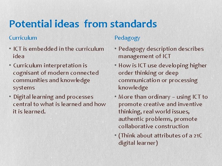 Potential ideas from standards Curriculum Pedagogy • ICT is embedded in the curriculum idea