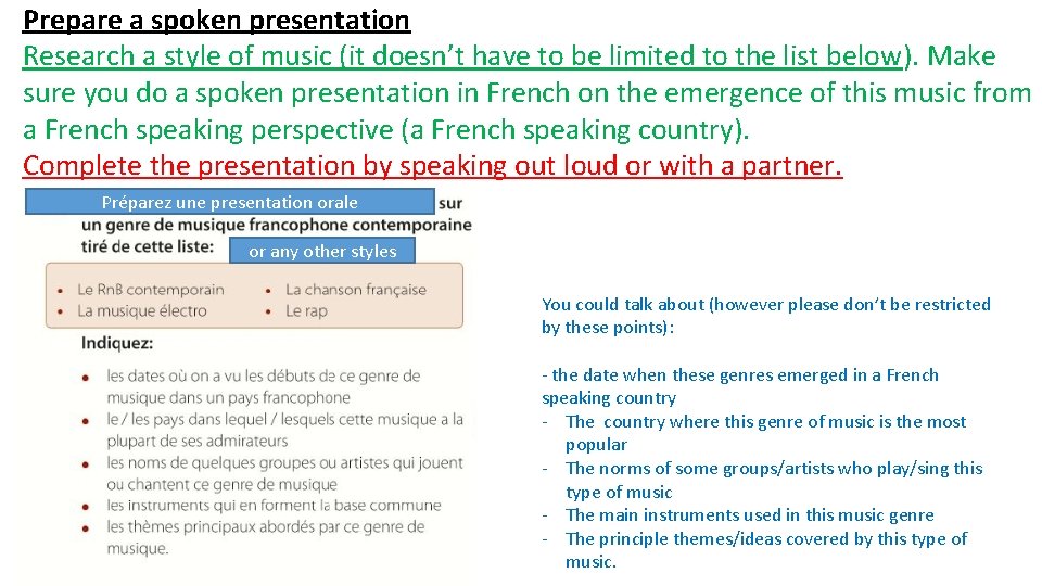 Prepare a spoken presentation Research a style of music (it doesn’t have to be