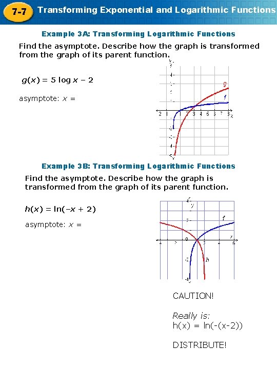 7 -7 Transforming Exponential and Logarithmic Functions Example 3 A: Transforming Logarithmic Functions Find