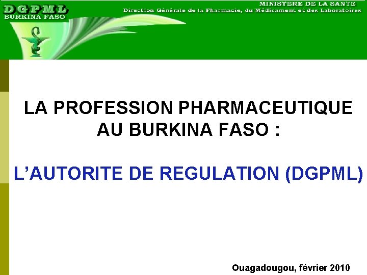 LA PROFESSION PHARMACEUTIQUE AU BURKINA FASO : L’AUTORITE DE REGULATION (DGPML) Ouagadougou, février 2010