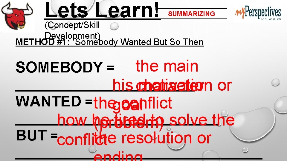 Lets Learn! SUMMARIZING (Concept/Skill Development) METHOD #1: Somebody Wanted But So Then the main