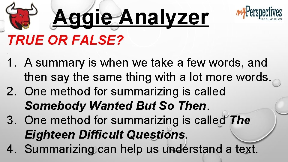 Aggie Analyzer TRUE OR FALSE? . 1. A summary is when we take a