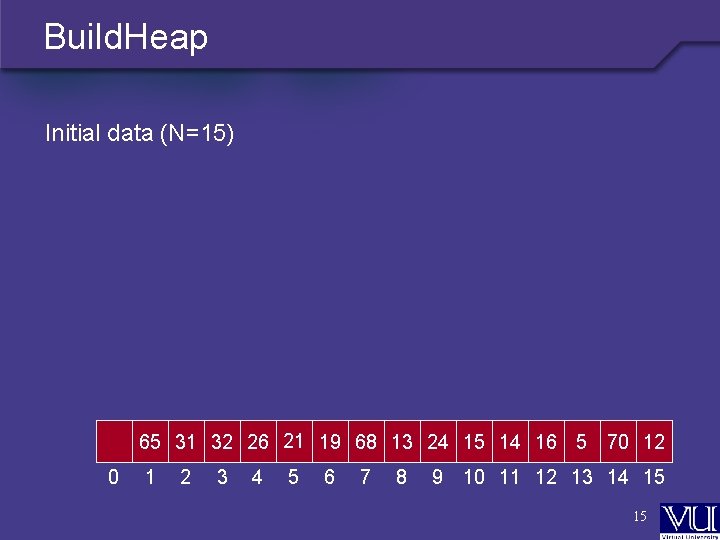 Build. Heap Initial data (N=15) 65 31 32 26 21 19 68 13 24