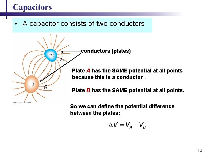 Capacitors • A capacitor consists of two conductors (plates) Plate A has the SAME