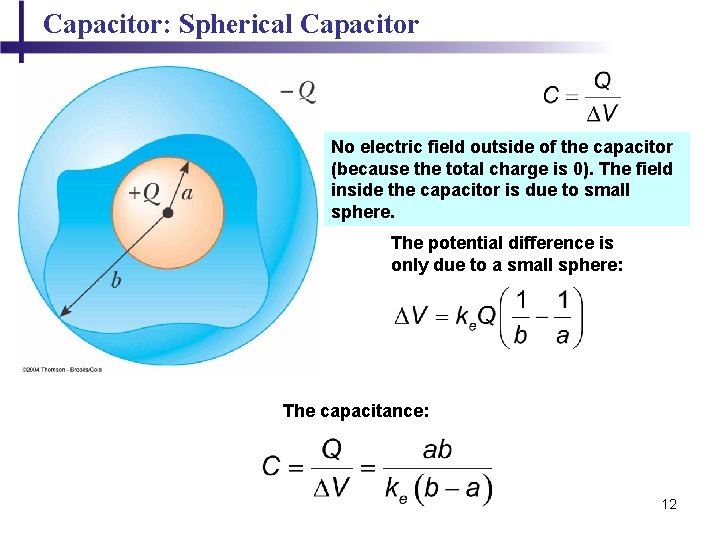 Capacitor: Spherical Capacitor No electric field outside of the capacitor (because the total charge