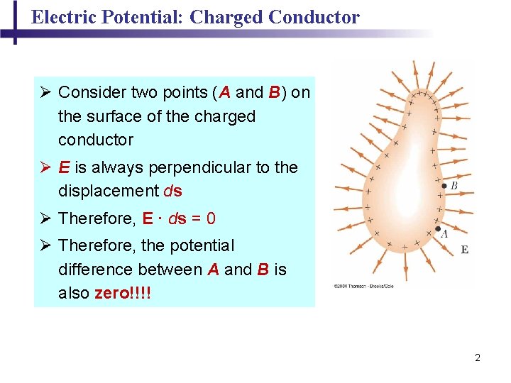 Electric Potential: Charged Conductor Ø Consider two points (A and B) on the surface