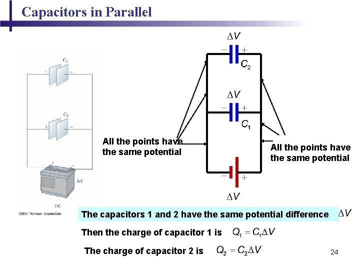 Capacitors in Parallel All the points have the same potential The capacitors 1 and