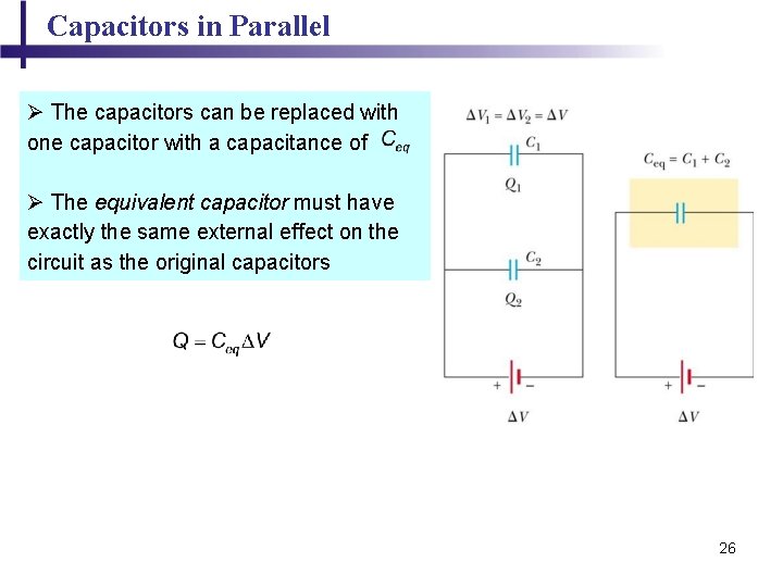 Capacitors in Parallel Ø The capacitors can be replaced with one capacitor with a