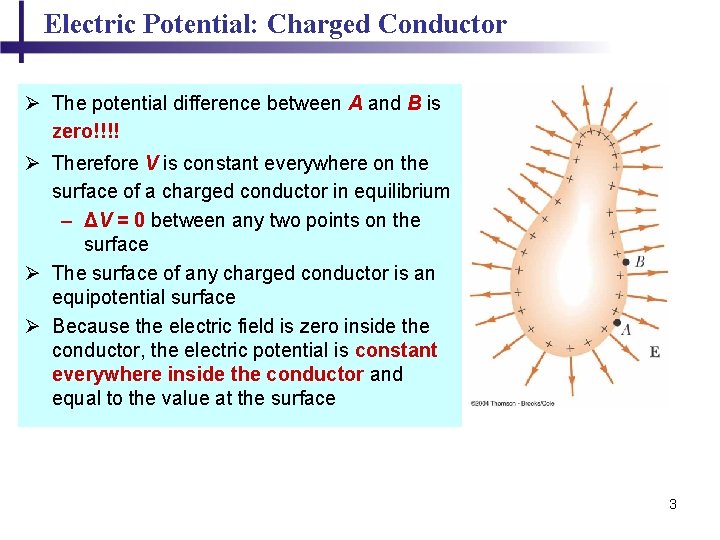 Electric Potential: Charged Conductor Ø The potential difference between A and B is zero!!!!