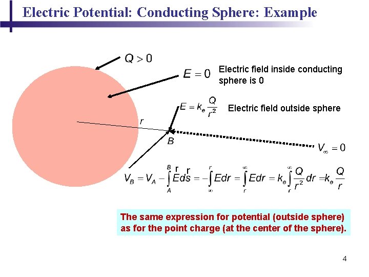 Electric Potential: Conducting Sphere: Example Electric field inside conducting sphere is 0 Electric field