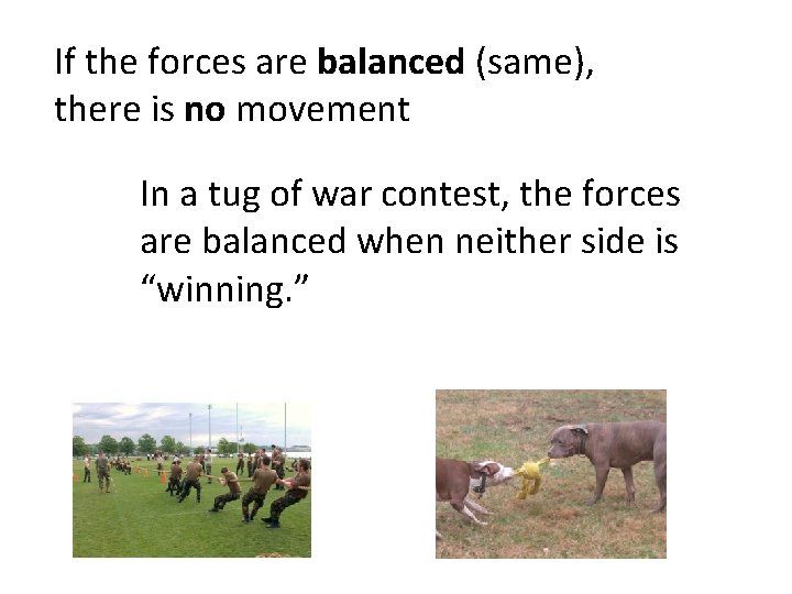 If the forces are balanced (same), there is no movement In a tug of