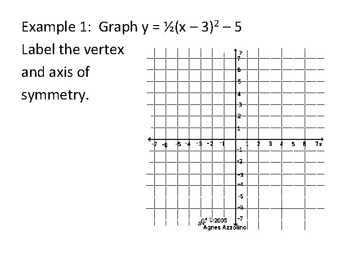 Example 1: Graph y = ½(x – 3)2 – 5 Label the vertex and