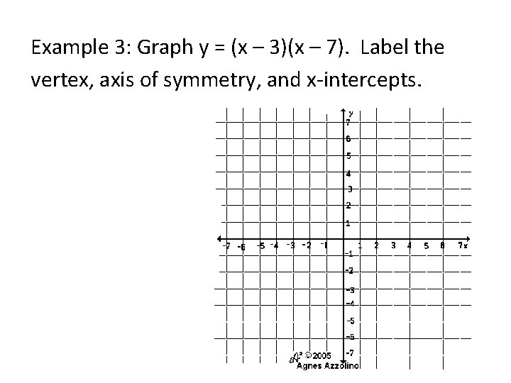 Example 3: Graph y = (x – 3)(x – 7). Label the vertex, axis