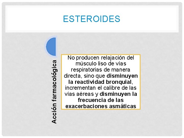 Acción farmacológica ESTEROIDES No producen relajación del músculo liso de vías respiratorias de manera