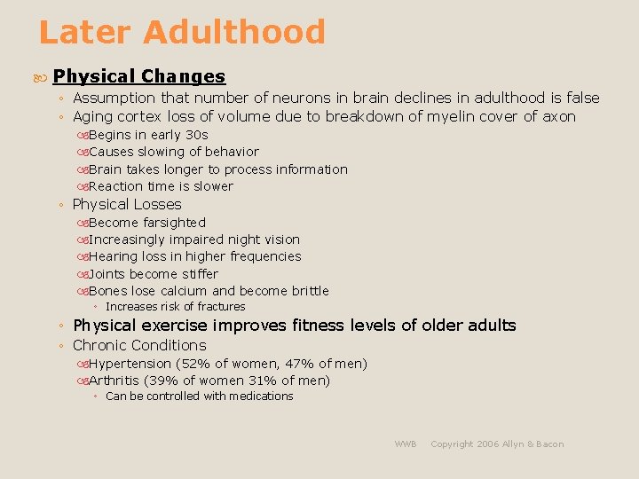 Later Adulthood Physical Changes ◦ Assumption that number of neurons in brain declines in