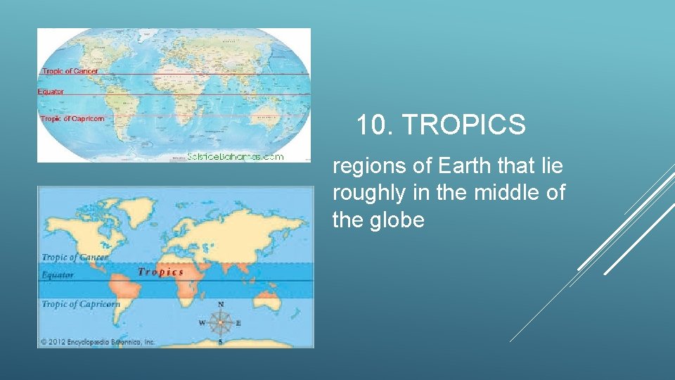 10. TROPICS regions of Earth that lie roughly in the middle of the globe