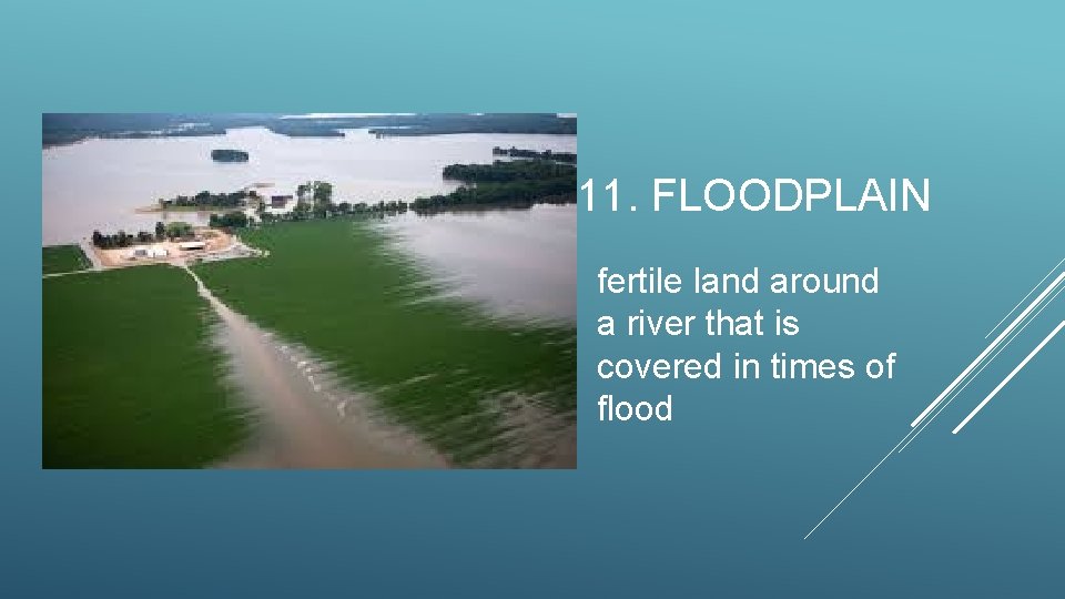 11. FLOODPLAIN fertile land around a river that is covered in times of flood