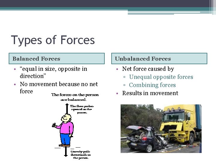 Types of Forces Balanced Forces Unbalanced Forces • “equal in size, opposite in direction”