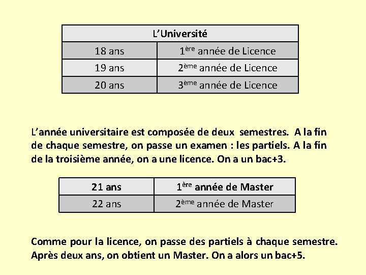 L’Université 18 ans 1ère année de Licence 19 ans 2ème année de Licence 20