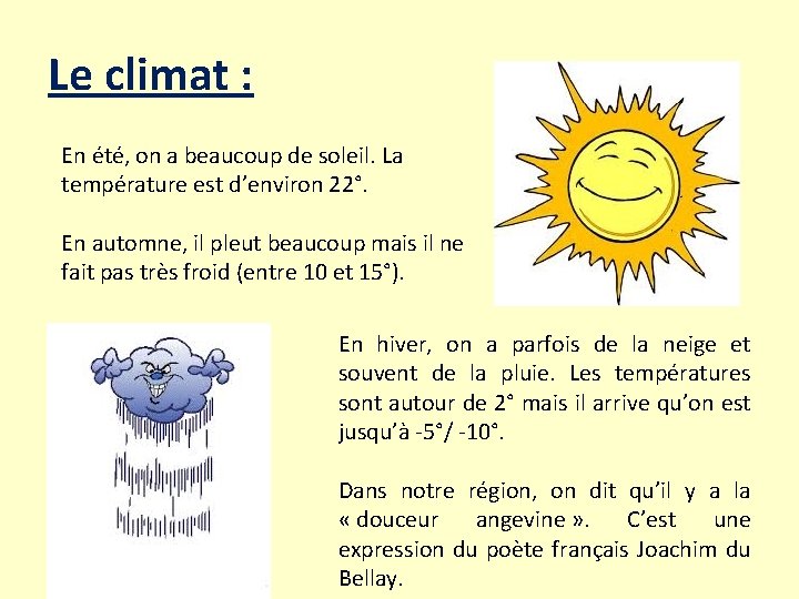 Le climat : En été, on a beaucoup de soleil. La température est d’environ