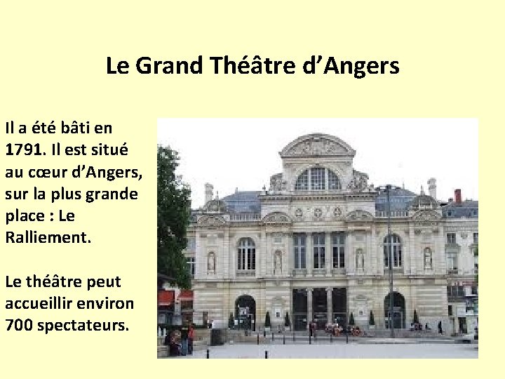 Le Grand Théâtre d’Angers Il a été bâti en 1791. Il est situé au