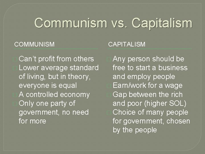 Communism vs. Capitalism COMMUNISM � Can’t profit from others � Lower average standard of