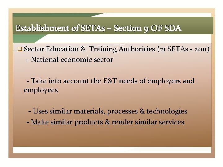 Establishment of SETAs – Section 9 OF SDA Sector Education & Training Authorities (21
