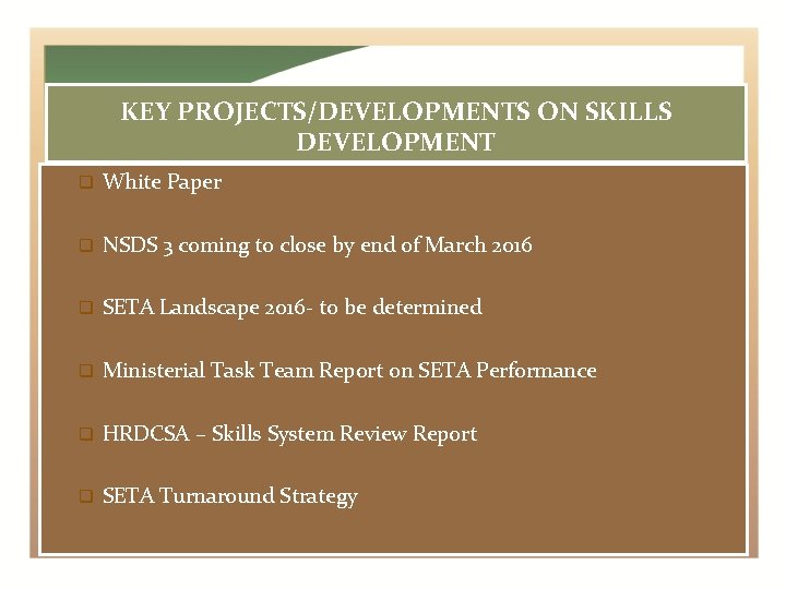 KEY PROJECTS/DEVELOPMENTS ON SKILLS DEVELOPMENT White Paper NSDS 3 coming to close by end