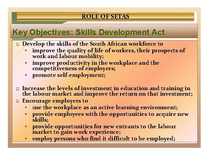 ROLE OF SETAS Key Objectives: Skills Development Act Develop the skills of the South