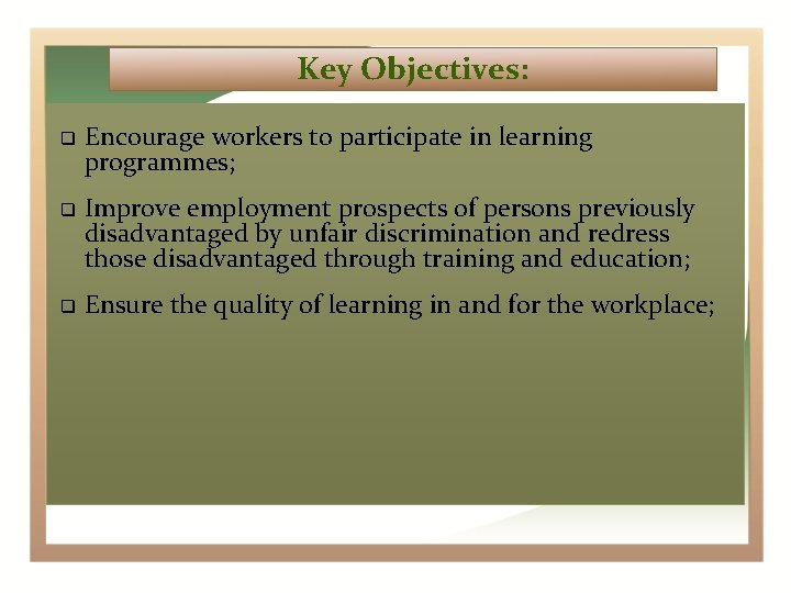 Key Objectives: Encourage workers to participate in learning programmes; Improve employment prospects of persons
