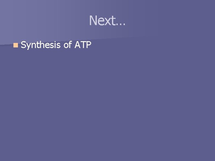 Next… n Synthesis of ATP 