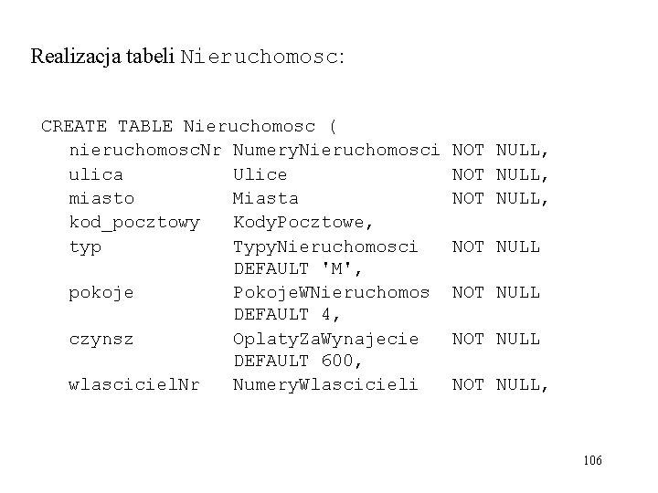 Realizacja tabeli Nieruchomosc: CREATE TABLE Nieruchomosc ( nieruchomosc. Nr Numery. Nieruchomosci ulica Ulice miasto