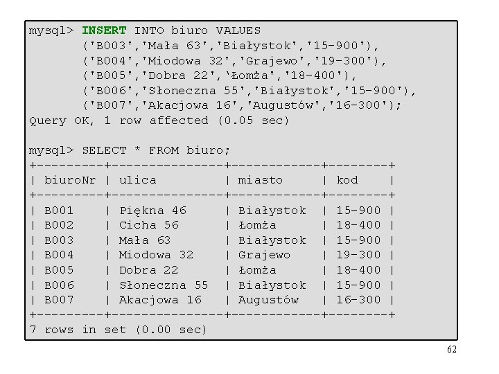 mysql> INSERT INTO biuro VALUES ('B 003', 'Mała 63', 'Białystok', '15 -900'), ('B 004',