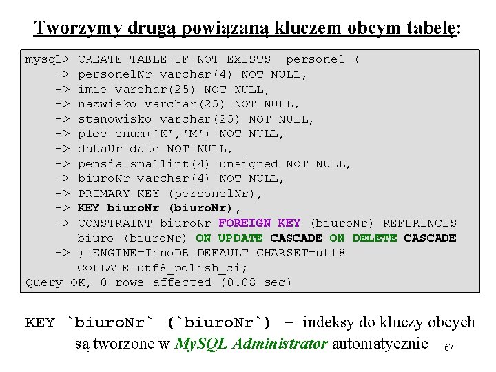 Tworzymy drugą powiązaną kluczem obcym tabelę: mysql> -> -> -> CREATE TABLE IF NOT