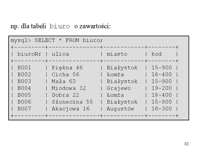 np. dla tabeli biuro o zawartości: mysql> SELECT * FROM biuro; +---------------+--------+ | biuro.