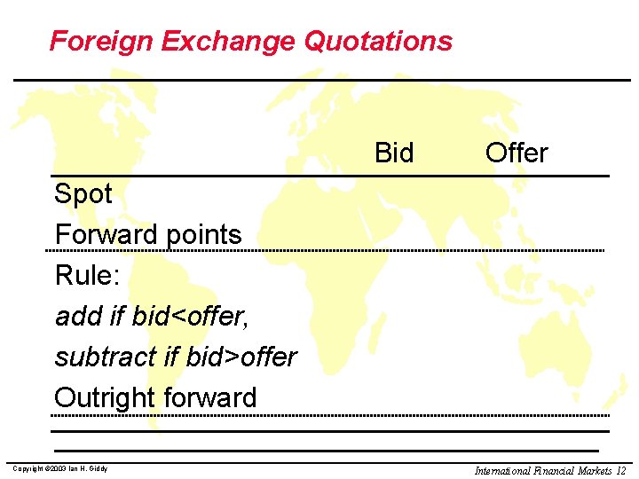 Foreign Exchange Quotations Bid Offer Spot Forward points Rule: add if bid<offer, subtract if