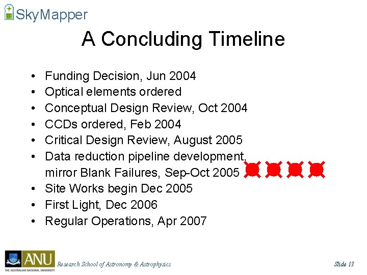 Sky. Mapper A Concluding Timeline • • • Funding Decision, Jun 2004 Optical elements