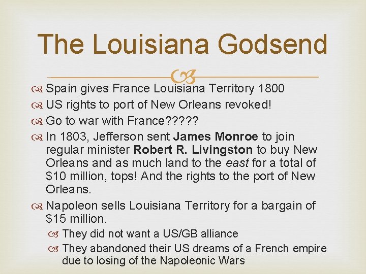 The Louisiana Godsend Spain gives France Louisiana Territory 1800 US rights to port of