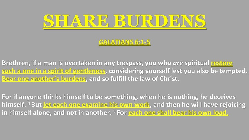 SHARE BURDENS GALATIANS 6: 1 -5 Brethren, if a man is overtaken in any