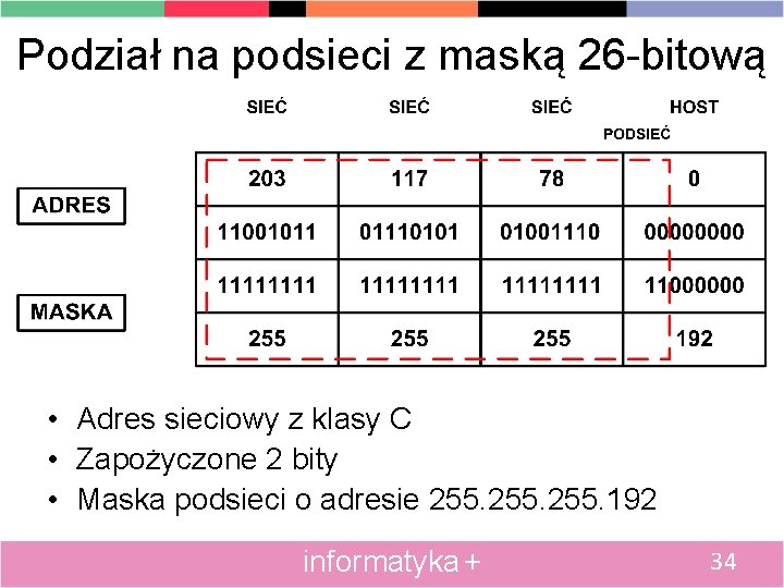 Podział na podsieci z maską 26 -bitową • Adres sieciowy z klasy C •