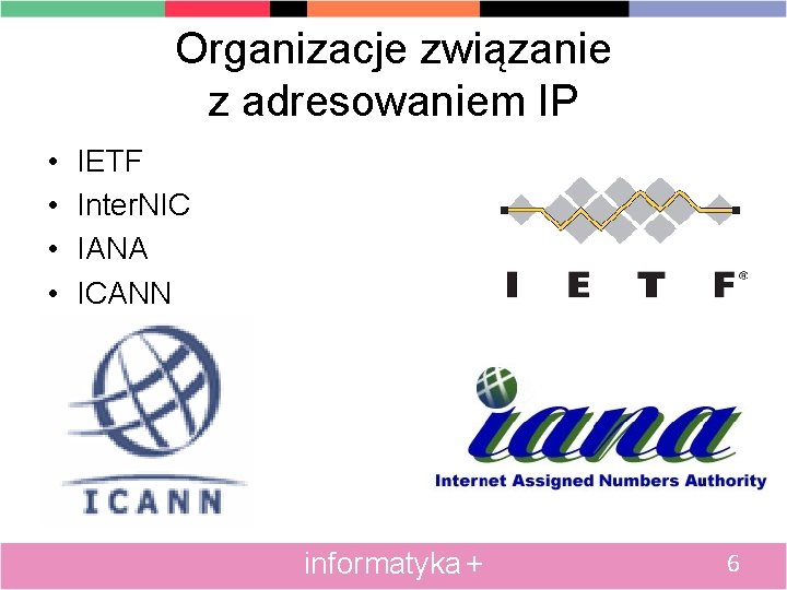 Organizacje związanie z adresowaniem IP • • IETF Inter. NIC IANA ICANN informatyka +