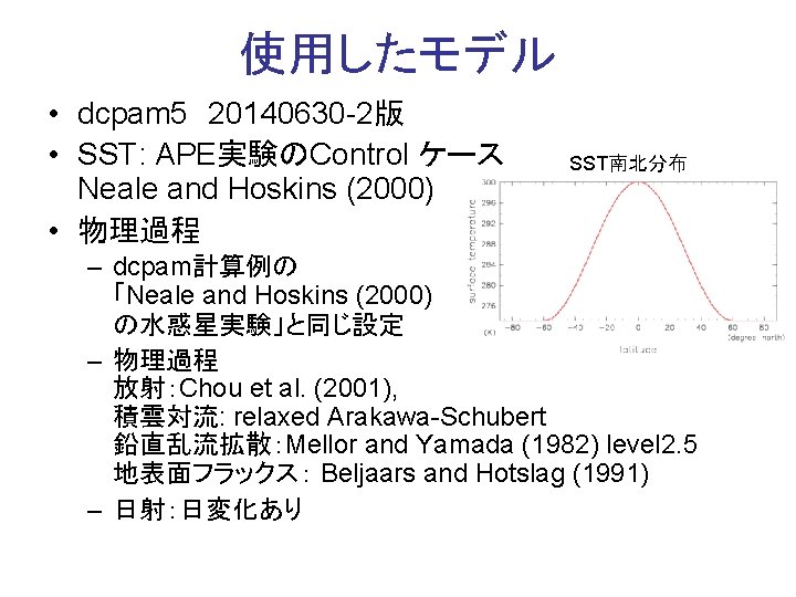 使用したモデル • dcpam 5 20140630 -2版 • SST: APE実験のControl ケース Neale and Hoskins (2000)