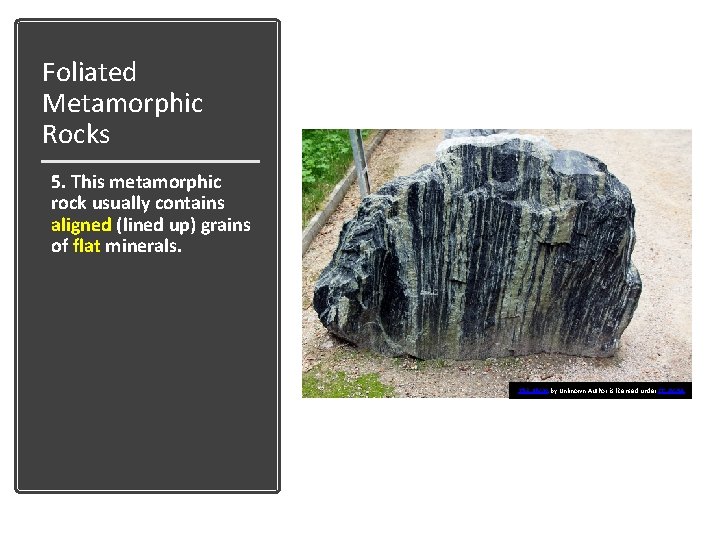 Foliated Metamorphic Rocks 5. This metamorphic rock usually contains aligned (lined up) grains of Foliated Metamorphic Rocks 5. This metamorphic rock usually contains aligned (lined up) grains of