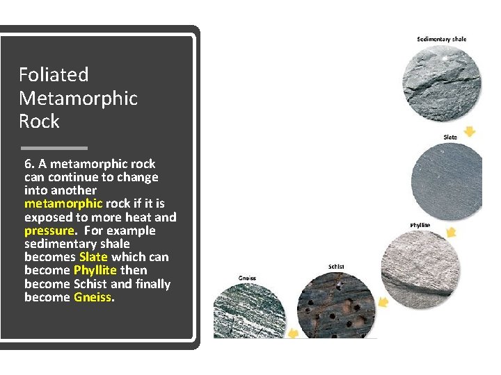 Foliated Metamorphic Rock 6. A metamorphic rock can continue to change into another metamorphic Foliated Metamorphic Rock 6. A metamorphic rock can continue to change into another metamorphic