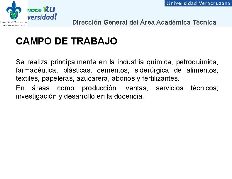 Dirección General del Área Académica Técnica CAMPO DE TRABAJO Se realiza principalmente en la