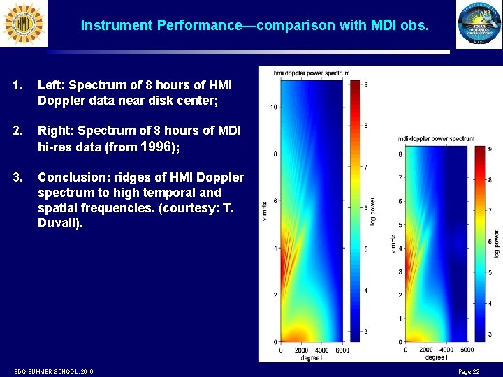Instrument Performance—comparison with MDI obs. 1. Left: Spectrum of 8 hours of HMI Doppler