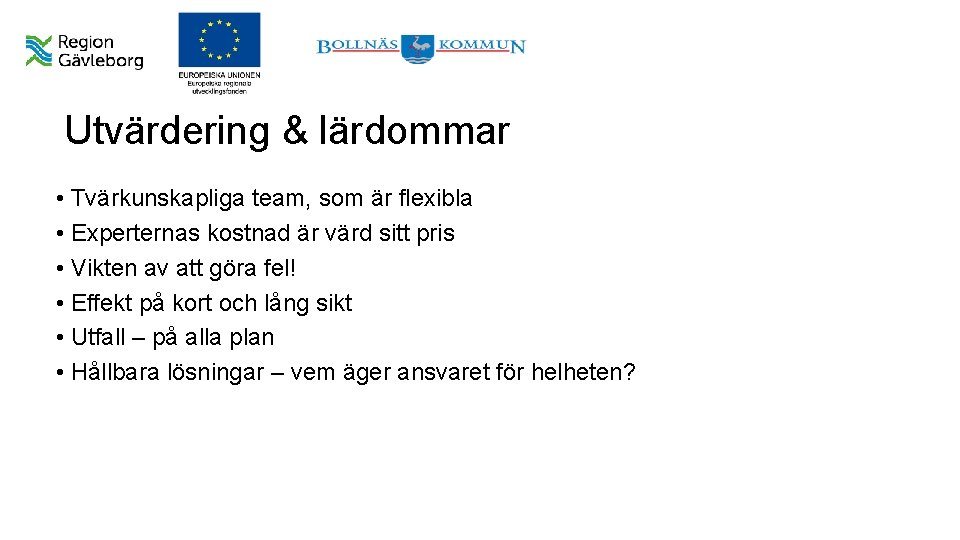 Utvärdering & lärdommar • Tvärkunskapliga team, som är flexibla • Experternas kostnad är värd