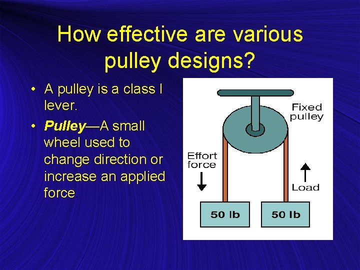 How effective are various pulley designs? • A pulley is a class I lever.